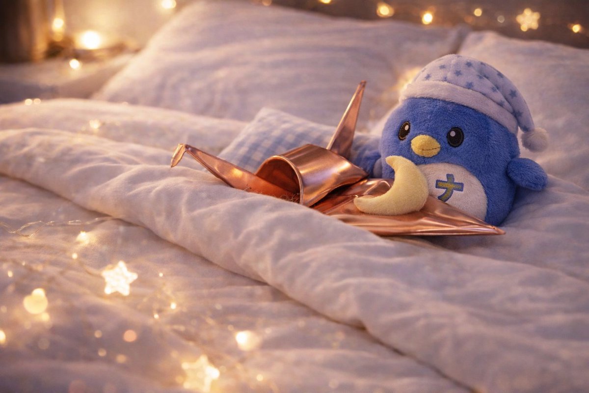 今日もお疲れ様でした
「ナウルくんのぬいぐるみと銅折り鶴が寝てる画像つくって」とお願いしたら…「ナ」ってさ