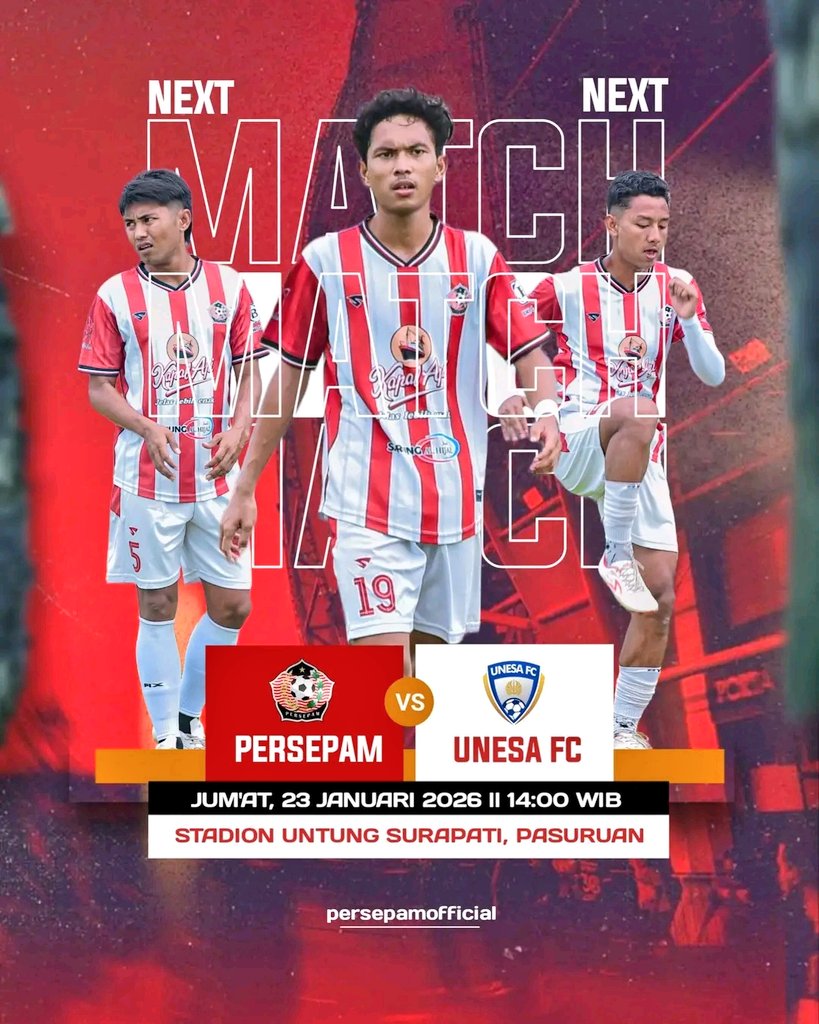 Next Match ‼️
Persepam Pamekasan v Unesa FC
Jumat, 23 Januari 2026 || 14:00 WIB
Stadion Untung Surapati, Pasuruan
#Persepam1970 #Persepam #Pamekasan #PersepamPamekasan #Liga4
#Liga4JawaTimur #SepakBola
#JawaTimur #Indonesia