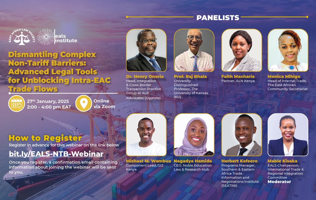 Trade in the EAC isn’t slowed by tariffs anymore — it’s slowed by hidden non-tariff barriers  buried in regulations, procedures, and border practices.

So the real question is: how can law be used to dismantle them? 

27 January 2026 | 2:00–4:00 PM (EAT) 

Join EALS for a