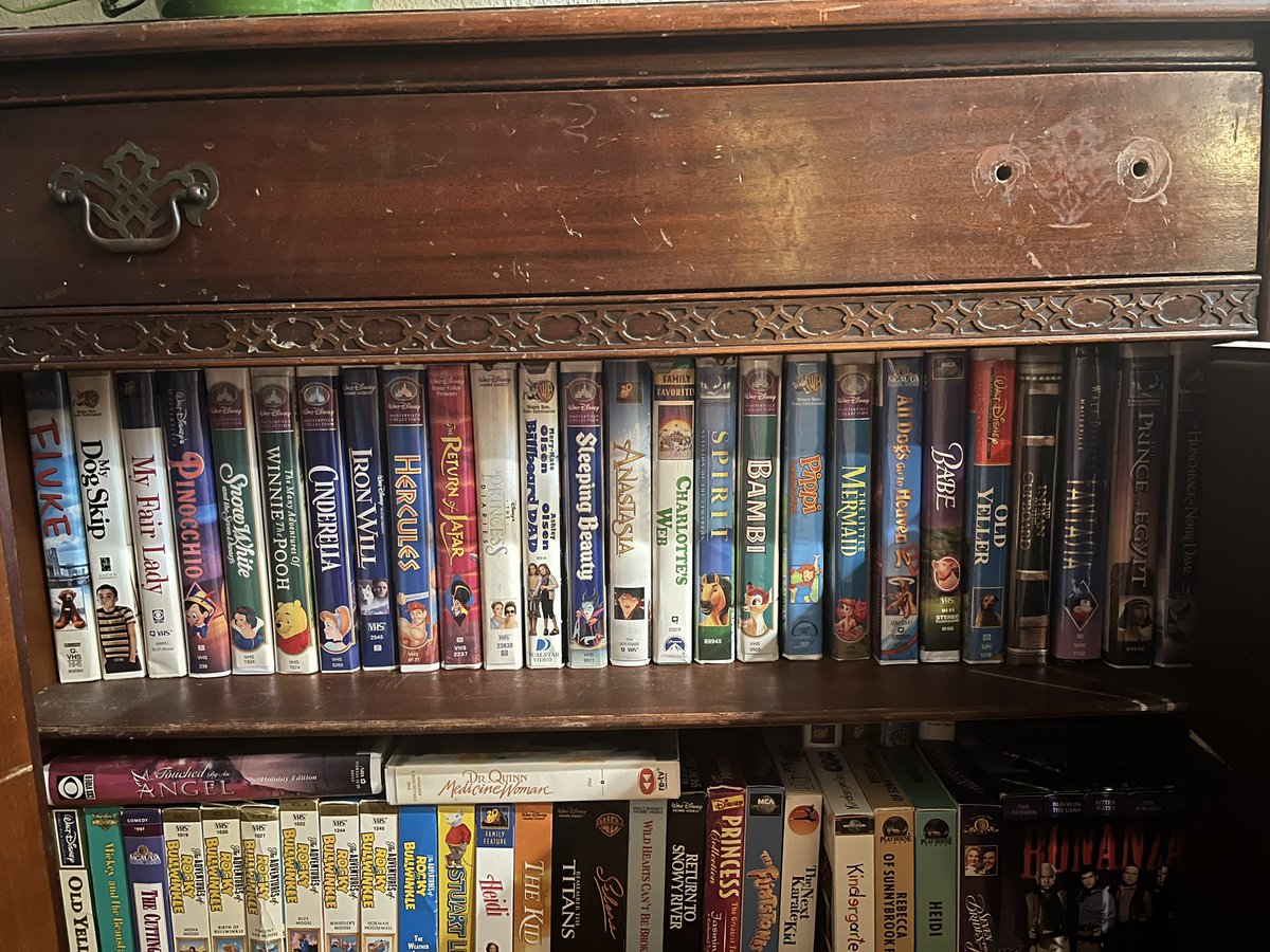 In my attempt to give my kids an 80s/90s childhood, I’ve just acquired a large lot of VHS movies. Have to find a VCR and an old TV to place on top of this cabinet, the same one the TV sat upon in my childhood, where the VHS’s were also stored. This cabinet holds nostalgia for me.