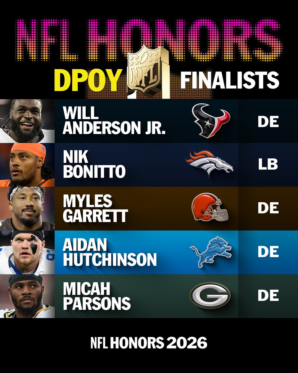NFL's tweet image. The finalists for AP Defensive Player of the Year presented by @TCL_USA! #NFLHonors