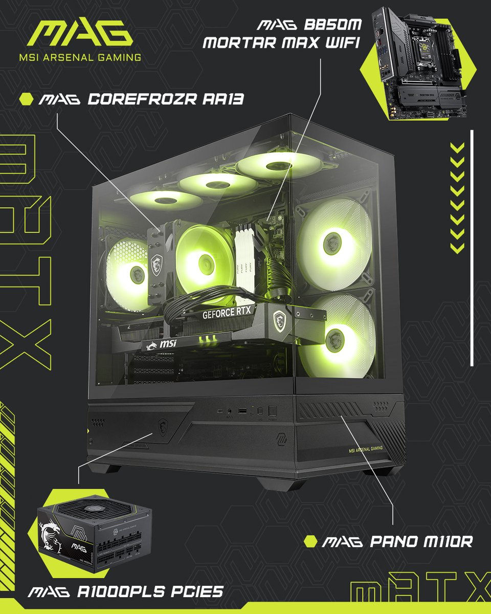 Компактний розмір, більші можливості 🕹️ 

Ми створили лінійку компонентів MAG  для твоєї продуктивної mATX-збірки:

🟢Материнська плата MAG B850M MORTAR MAX WIFI
🟢Корпус MAG PANO M110R
🟢Блок живлення MAG A1000PLS PCIE5
🟢Охолодження MAG COREFROZR AA15