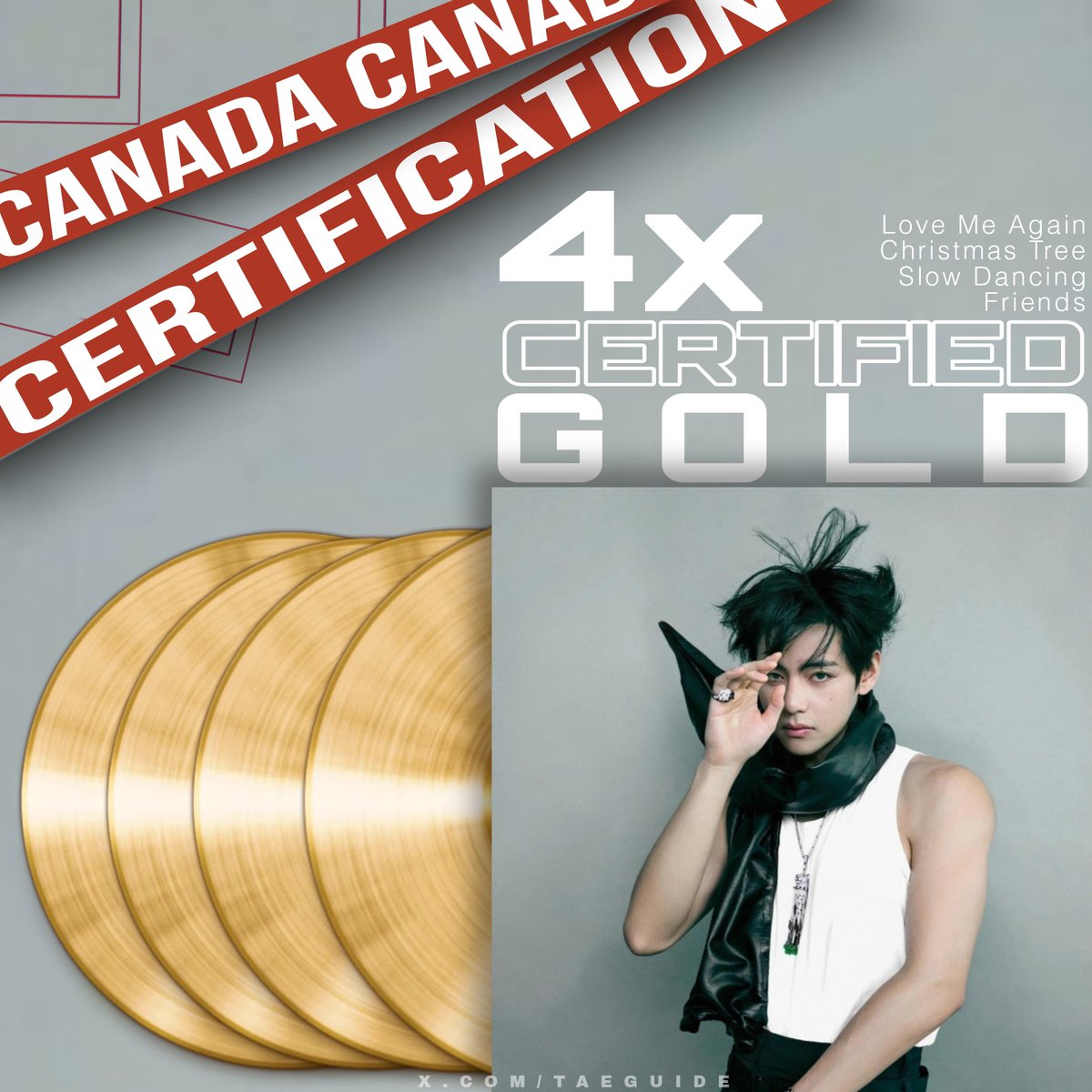 [INFO] Taehyung has now received 4 new Gold Single Certifications in Canada 

Love Me Again — Gold 
Christmas Tree — Gold 
Slow Dancing — Gold 
FRI(END)S — Gold 

CONGRATULATIONS TAEHYUNG