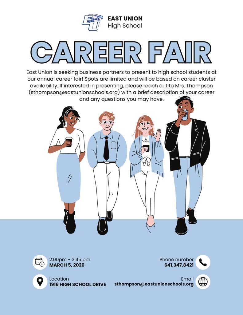 EU_CSD's tweet image. If interested in presenting at the Career Fair, please email Mrs. Thompson (sthompson@eastunionschools.org) directly. Spots are limited and do fill up rather quickly. Please reach out as soon as possible if interested in attending.