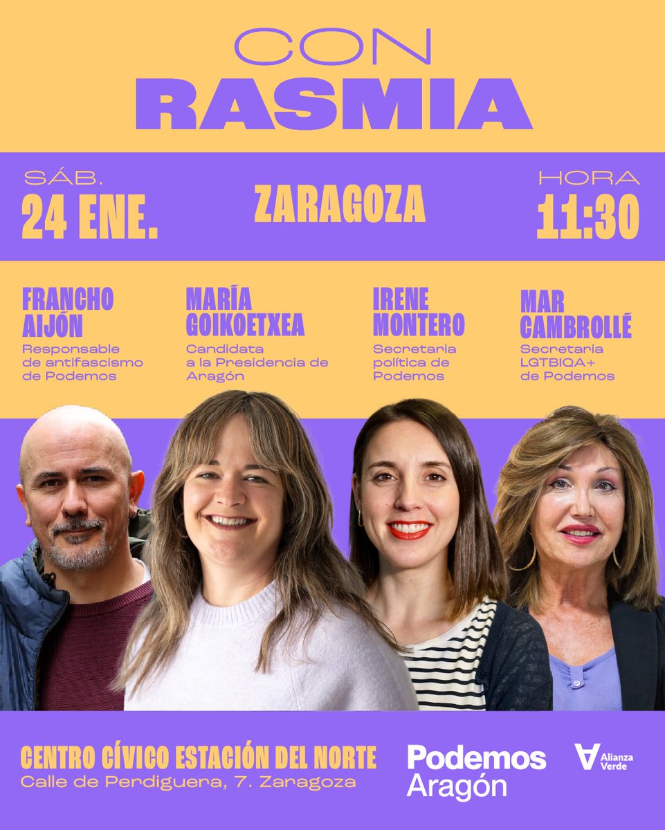 IreneMontero's tweet image. El sábado estaremos en Zaragoza, en el Centro Cívico Estación del norte con @MariaGoikoetxea @CambrolleMar  y @Franchoai. ¡Al fascismo se le para con más derechos!

No faltéis.