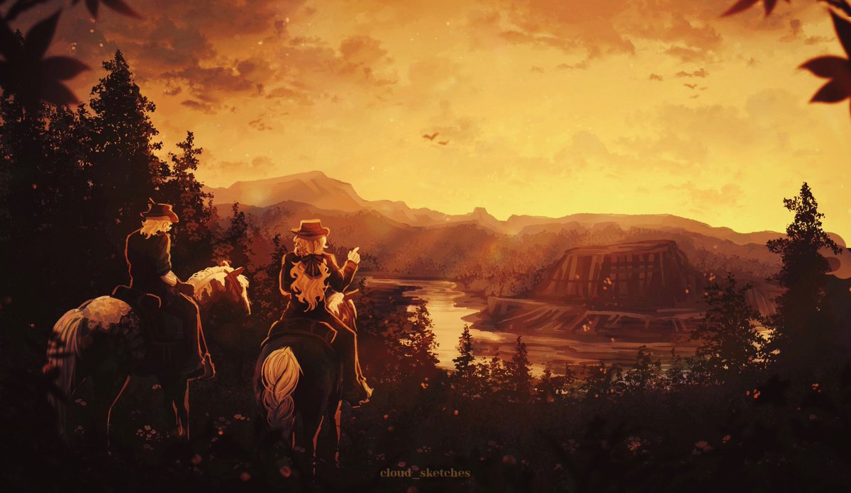 cloud_sketches's tweet photo. "An old picture arrived in the mail today. Two siblings on horseback, a quiet trail ride at dawn, with birds chasing the sun as it rises above the horizon… ☀️☁️" https://t.co/lJBitpEEp8