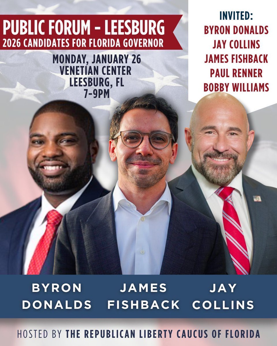 joanfromdc's tweet image. BREAKING: Byron Donalds, James Fishback, and Jay Collins to Appear on Stage Together at a Candidate Forum on Monday in Leesburg, FL
