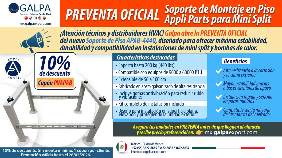 galpaexportmx's tweet photo. ¡Atención técnicos y distribuidores HVAC!
Galpa México lanza sus primeras preventas oficiales.
Nuevas bolsas de limpieza Appli Parts para Mini Split
y el soporte de piso APAB-4440, fuerte, estable y compatible.
10% de descuento sin mínimo de compra.
https://t.co/uPUdqOLGWL https://t.co/smFU8FzBLh