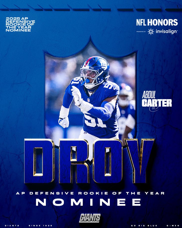 Giants's tweet photo. Jaxson Dart &amp; Abdul Carter are nominated for AP NFL Rookie of the Year honors 🙌

📰: https://t.co/uklaGk7yju https://t.co/6EZnqRuJNS