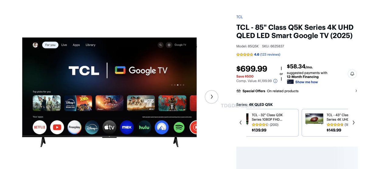 $699.99 TCL 85" QLED SMART TV  
Save $500

link.tdgdeals.com/084Fh

#BestBuyPartner <a href="/BestBuy/">Best Buy</a> #Ad
