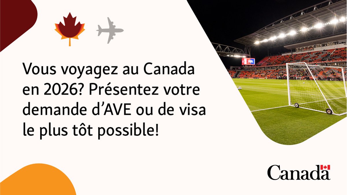 CitImmCanFR's tweet photo. Si votre équipe préférée s’est qualifiée pour la Coupe du Monde de la FIFA 26™ et que vous prévoyez de venir l’encourager au Canada, demandez dès maintenant un visa ou une autorisation de voyage électronique (AVE) : https://t.co/b2r5Oi0l41

#CoupeDuMondeDeLaFIFA #NousSommesLeCanada