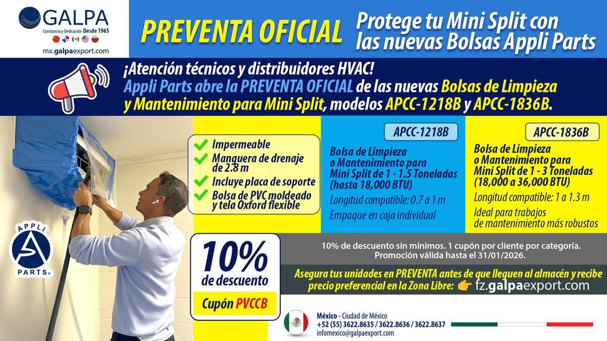 galpaexportmx's tweet photo. ¡Atención técnicos y distribuidores HVAC!
Galpa México lanza sus primeras preventas oficiales.
Nuevas bolsas de limpieza Appli Parts para Mini Split
y el soporte de piso APAB-4440, fuerte, estable y compatible.
10% de descuento sin mínimo de compra.
https://t.co/uPUdqOLGWL https://t.co/smFU8FzBLh