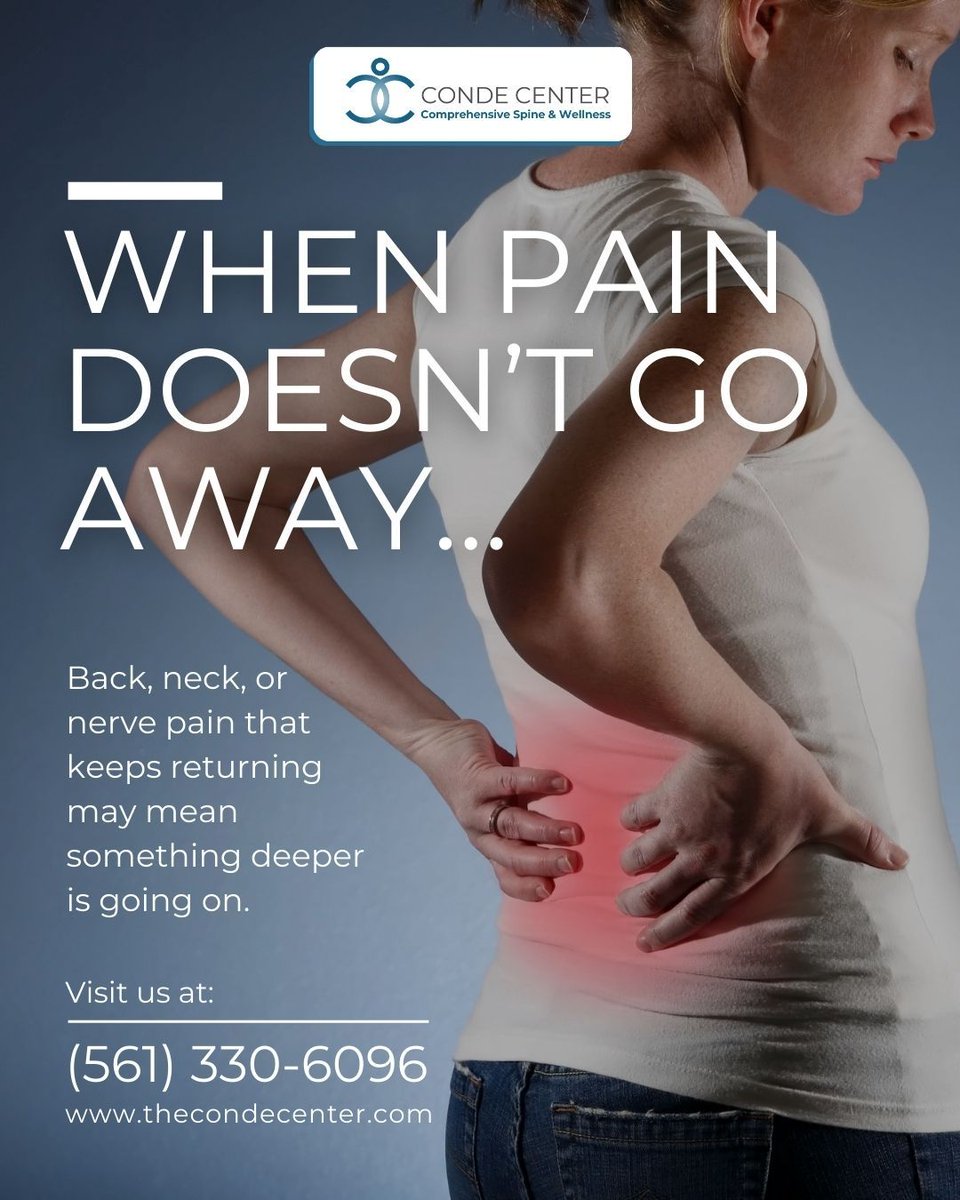 thecondecenter's tweet image. When pain keeps returning, it may be a sign that something deeper needs attention.

Ongoing back, neck, or nerve pain should not be ignored. A more comprehensive approach can help identify what is preventing true healing and support long-term relief.

#CondeCenter #ChronicPain