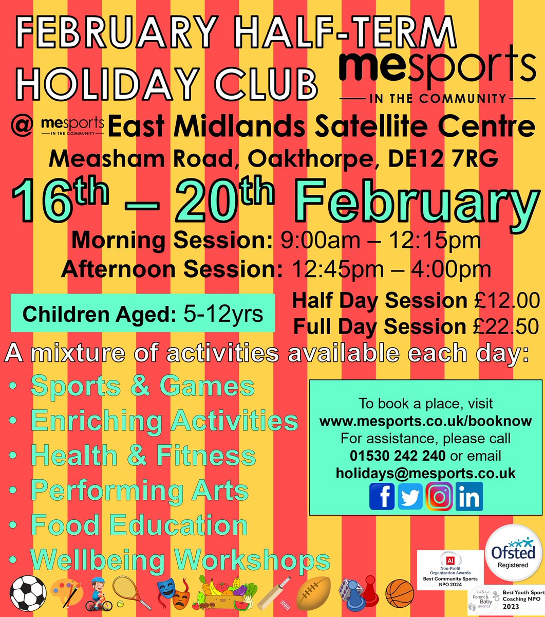 🏏OAKTHORPE HOLIDAY CLUBS🎨
Join our multi-activity holiday clubs this February in Oakthorpe!🏀🎾🎳🎲
Bookings for all other School Holiday Clubs in 2026 are already available to be made online too! 😁
Visit mesports.co.uk/booknow or 📞01530 242 240 or 📧holidays@mesports.co.uk
