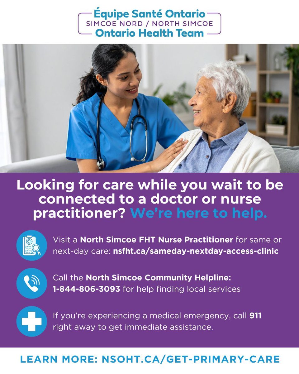OHTNorthSimcoe's tweet image. No family doctor yet? You can still get care in North Simcoe:

👩 Same/next-day NP appointments: nsfht.ca/sameday-nextda…
☎️ Help finding services: 1-844-806-3093
🚨 Emergencies: 911

Learn more: nsoht.ca/where-to-go-if… 

#NorthSimcoeOHT #HealthCareConnect #CommunityCare