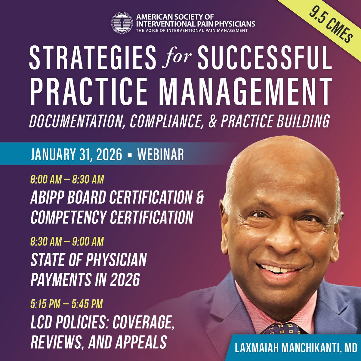 ASIPP's tweet image. What does 2026 look like for physician payment, certification, and coverage policies?

Dr. Manchikanti will be presenting as part of ASIPP’s practice management webinar on Jan. 31 (9.5 CMEs available).

🔍 Agenda: ow.ly/LiEQ50Y0PTT
📝 Register: ow.ly/4KkM50Y0PTU