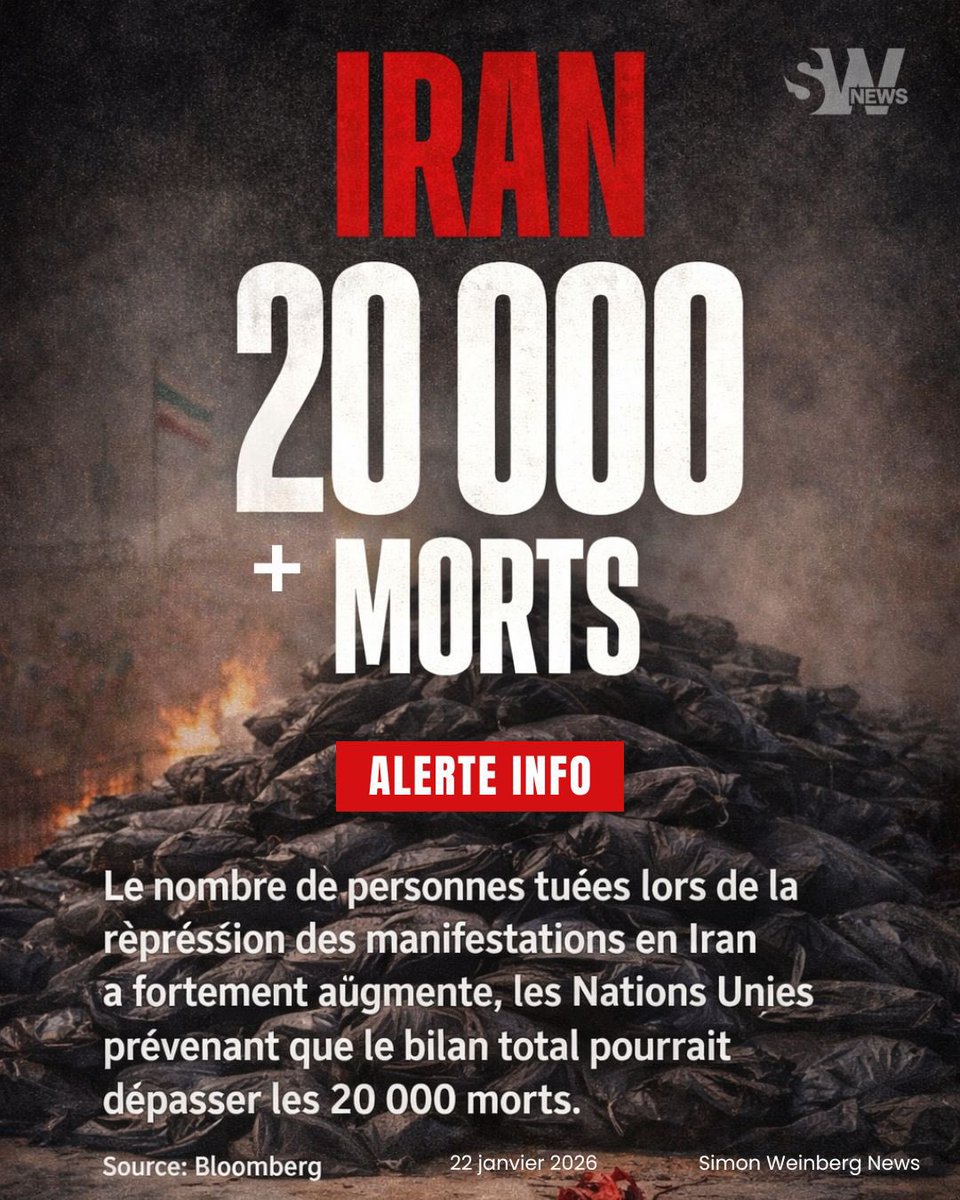 🔴🇮🇷| IRAN > Le nombre de morts lors des manifestations en Iran s’alourdit, selon certaines estimations. Plus de 20 000 morts. Le nombre de personnes tuées lors de la répression des manifestations en Iran a fortement augmenté, tandis que les organisations de défense des droits