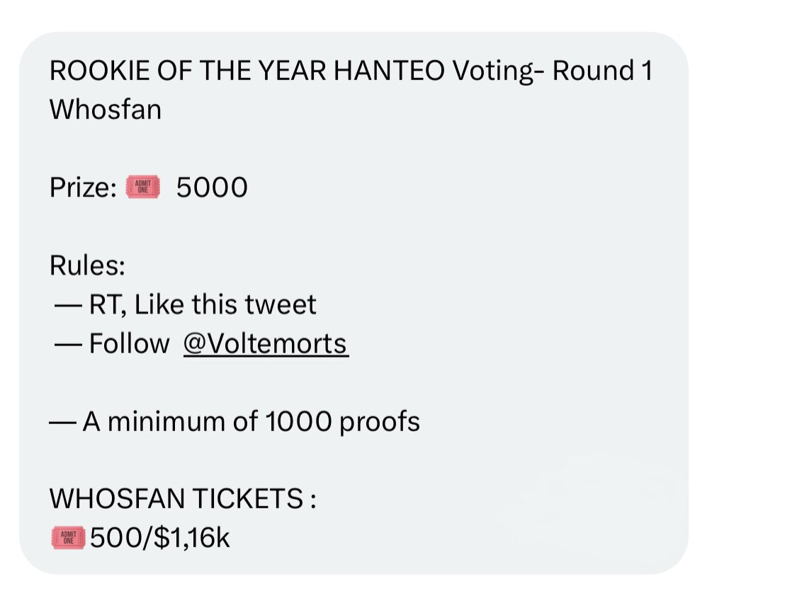 amznjam's tweet image. ROOKIE OF THE YEAR HANTEO Voting- Round 1 Whosfan  #CORTIS 

Prize: 🎟️  5000 

Rules:
 — RT, Like this tweet 
 — Follow  @Voltemorts
 
— A minimum of 1000 proofs  

WHOSFAN TICKETS :
🎟️500/$1,16k