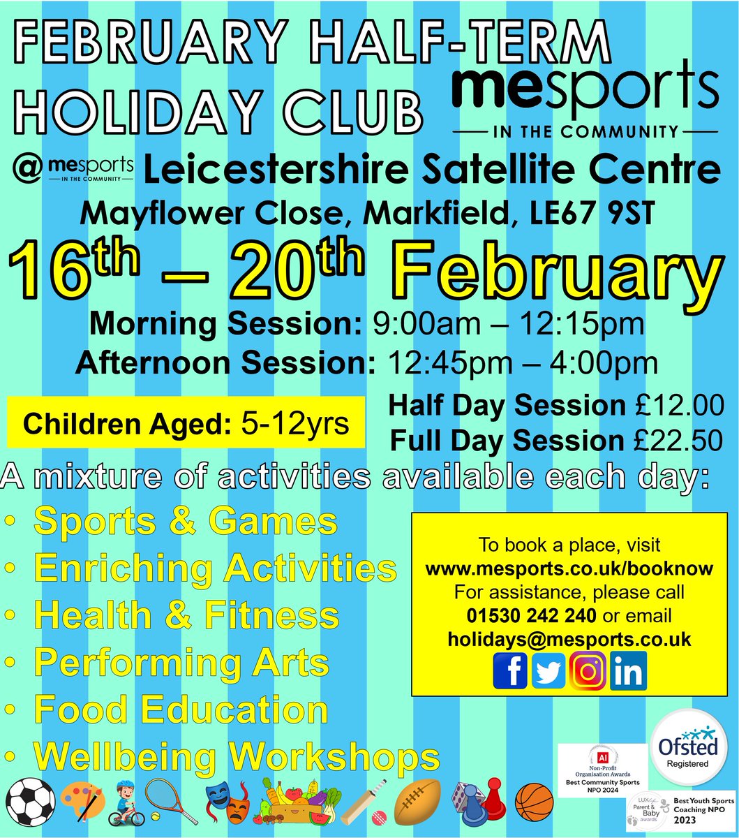 🏏MARKFIELD HOLIDAY CLUBS🎨
Join our multi-activity holiday clubs this February in Markfield!🏀🎾🎳🎲
Bookings for all other School Holiday Clubs in 2026 are already available to be made online too! 😁
Visit mesports.co.uk/booknow or 📞01530 242 240 or 📧holidays@mesports.co.uk