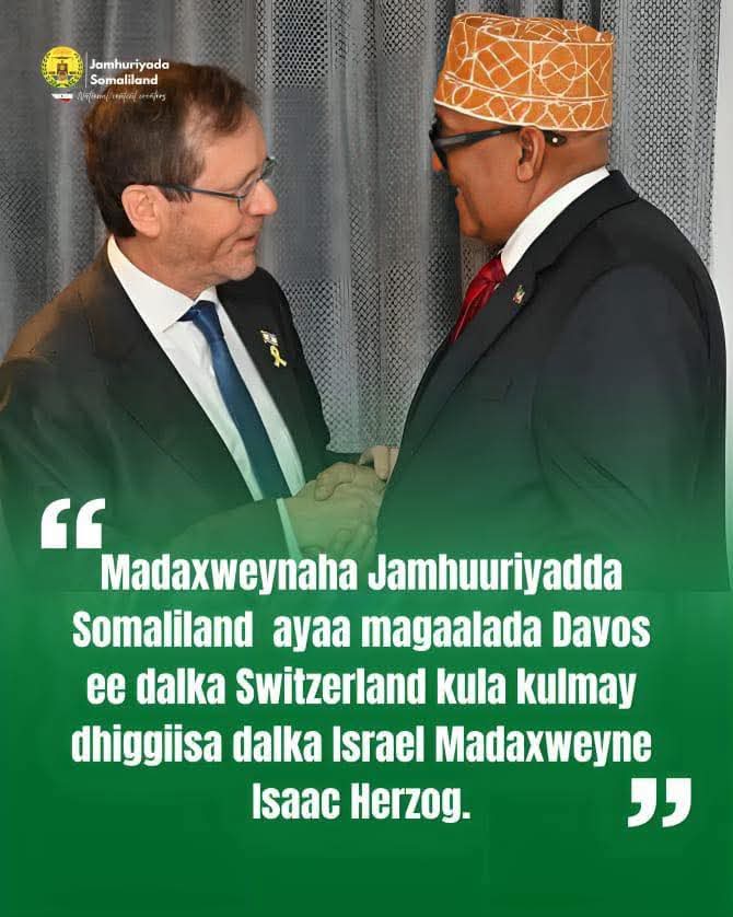 KhalidMDaud2's tweet photo. Historic moment at #WEF2026. President @PresidentCirro met with Israel's President Isaac Herzog &amp; Eric Trump following December's recognition. Talks advanced partnerships in tech, security, agriculture, health, and energy. A new era begins. #Somaliland #Davos2026 https://t.co/10086zF72C