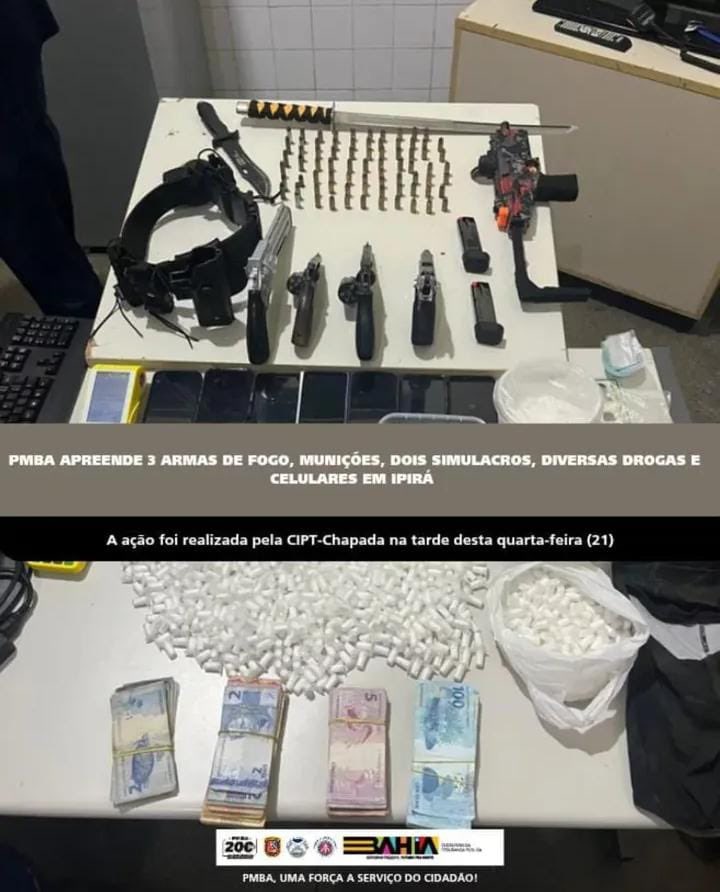 ojeanmendesc's tweet photo. Novecentos pinos de cocaína, quase R$ 10 mil em dinheiro, sete celulares, além de dois resolveres, uma pistola e até fuzil de brinquedo foram apreendidos pela Rondesp em Ipirá, na Bacia do Jacuípe. Caso aconteceu na tarde de quarta-feira, quando as guarnições flagraram intenso tráfico de drogas no bairro Novo Horizonte. Dois tentaram fugir, mas acabaram presos.