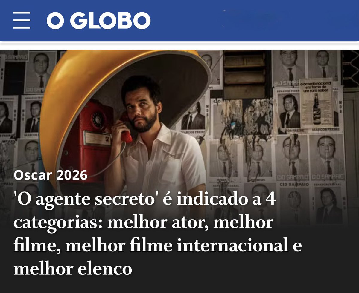 joaoccoser's tweet photo. Cinema nacional em festa! 🏆
“O Agente Secreto” recebeu 4 indicações para o Oscar: melhor ator, melhor filme, melhor filme internacional e melhor elenco. 
Que felicidade e orgulho para nós brasileiros ver a qualidade da nossa cultura brilhando para o mundo! Estamos na torcida! 🤞🏼 https://t.co/uMmh7V66VA