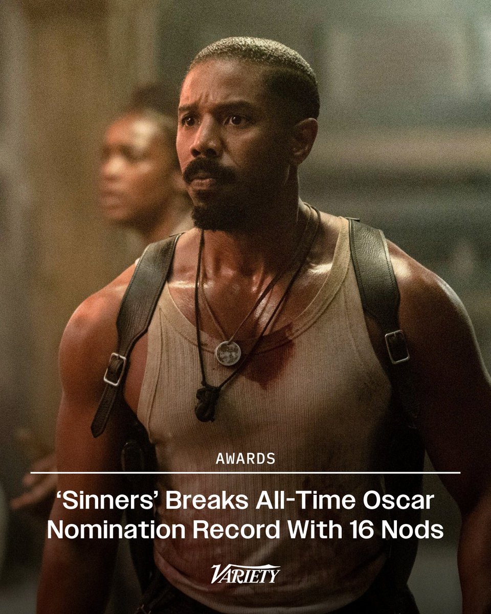 Variety's tweet image. #Sinners has shattered the #Oscars all-time nomination record with 16 nods, surpassing the previous mark of 14 noms held by “All About Eve” (1950), “Titanic” (1997) and “La La Land” (2016)

Ryan Coogler’s supernatural thriller received nominations for best picture; director;…