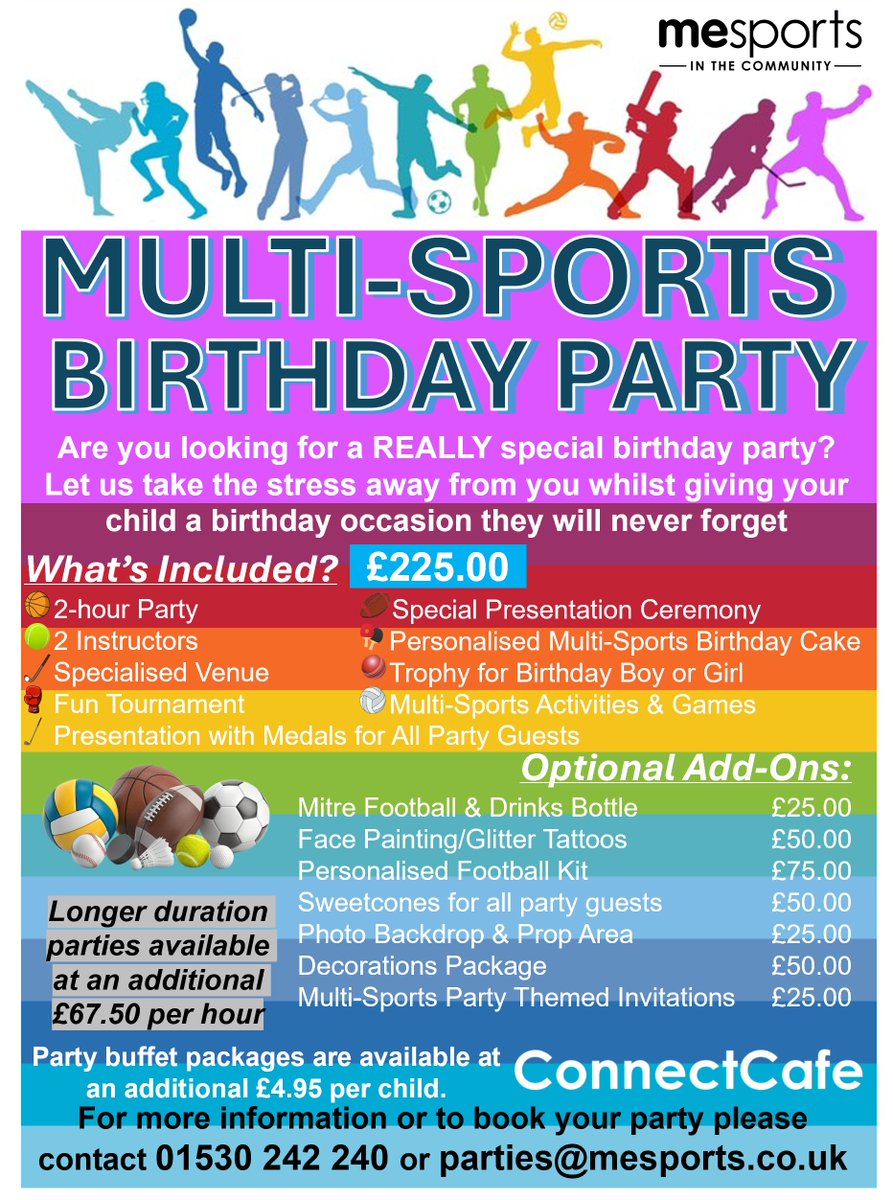 🎉PARTY PACKAGES!🎂
We have a huge range of Birthday Party Packages, led by our team of experienced coaches, that can take place at our Markfield or Oakthorpe centres! 🤸‍♀️🎶⚽🏀🏏
☎️ 01530 242 240 or 📧 parties@mesports.co.uk to book now!
#birthday #party #sports #dance #MESports