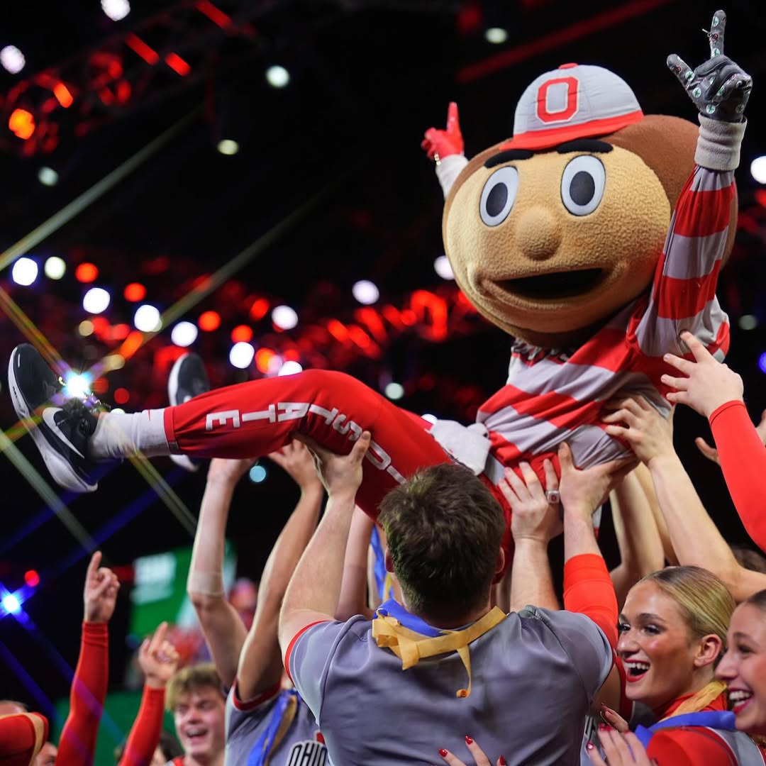 OhioState's tweet photo. ICYMI — Buckeye spirit is championship level. 🏆 @OhioStateDT, @OSU_SpiritSquad and @Brutus_Buckeye are NATIONAL CHAMPIONS, and we couldn’t be prouder! #GoBucks https://t.co/cfkBxgPr6Q