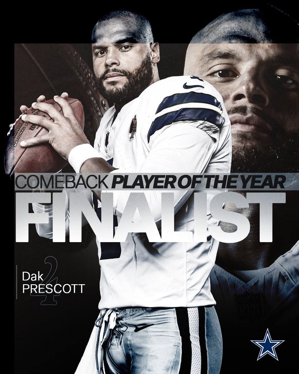 dallascowboys's tweet image. QB1 has been named a finalist for the Comeback Player of the Year Award 👏

@dak | 📰: bit.ly/49O4l2h