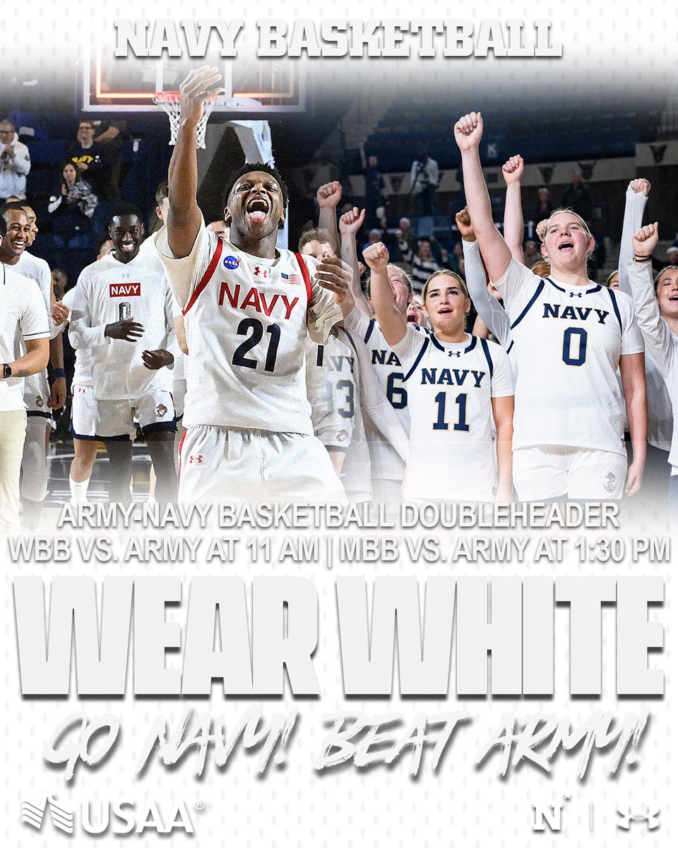 NavyAthletics's tweet photo. 2⃣ first place Navy basketball teams!
2⃣ chances to Beat Army on Saturday! 
1⃣ color to wear ⚪️⚪️⚪️

We’ll see you at Alumni Hall on Saturday 😏

Limited tickets still available: https://t.co/pgc0JtdHEY

#GoNavy | #BeatArmy https://t.co/iV9xl5D0y7