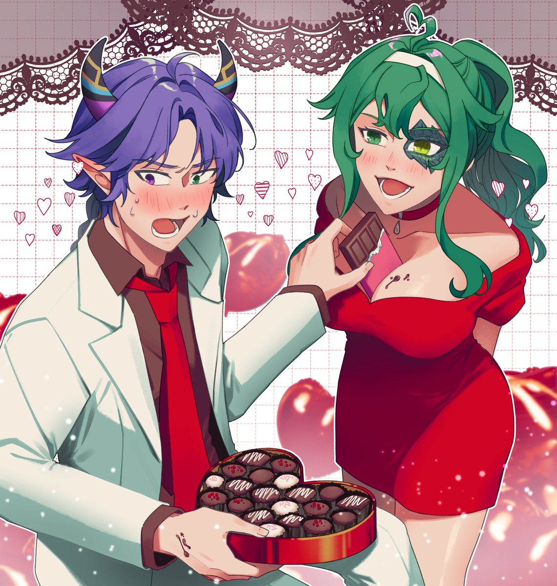 "Here, takes this chocolate from me" 😆

New Valentine YCH from Charlotte now available on our Harisun Lite :3

Character used for this YCH is <a href="/Umi_NumberZero/">Umi_NumberZero 🥱👾</a> and <a href="/T_iredNova/">T_iredNova</a> 💕

Thank you for supporting us, both of you ❤️
I can't wait to meet again at your stream xD