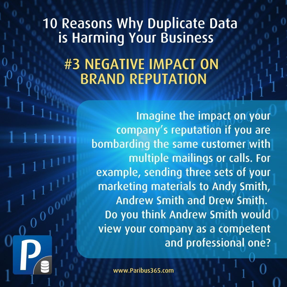 ⭐10 REASONS WHY DUPLICATE DATA IS HARMING YOUR BUSINESS ⭐

3. NEGATIVE IMPACT ON BRAND REPUTATION

By neglecting the health of your #CRM customer data, you are neglecting the health of your business.

Read more: buff.ly/3Z6j4Qk 

#Dynamics365 #DuplicateData #dataquality