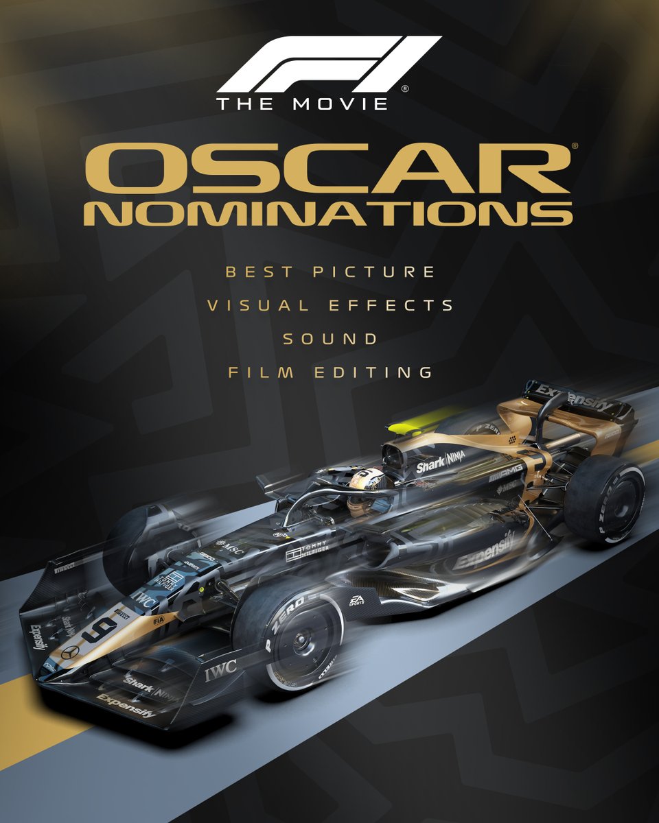 F1's tweet image. The Oscar Nominations are in... 🥁

F1 The Movie has been nominated in FOUR categories: Best Picture, Visual Effects, Sound, and Film Editing 🏆👏

#F1 #Oscars