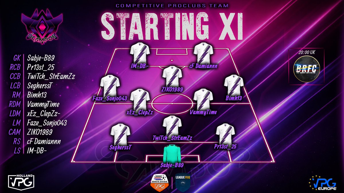 💜MATCHDAY 9 BRFC💜

Our line-up for the last <a href="/BRFCHub/">BRFC Hub</a> tournament of the season, with the upcoming VPG seasons starting on 26th! 💜

Some changes in the line-up. ⚽

Follow it on: twitch.tv/ocamposesports