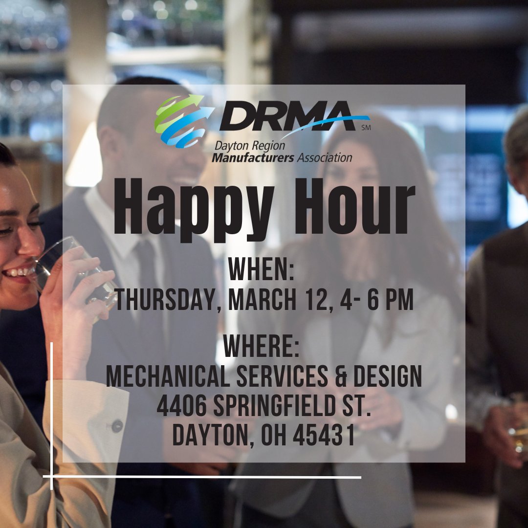 Join us for a DRMA Happy Hour hosted by Mechanical Services and Design on Thursday, March 12, from 4–6 p.m. in Dayton. Stop by for a drink, connect with fellow manufacturers, and grow your network in a relaxed, welcoming setting.
🔗 daytonrma.org/march-12-drma-…