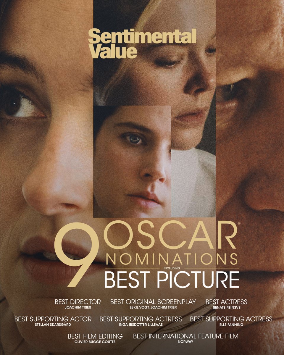 SENTIMENTAL VALUE has been nominated for 9 #Oscars including…

🏆 Best Picture
🏆 Best Director 
🏆 Best Original Screenplay
🏆 Best Editing
🏆 Best Actress in a Leading Role
🏆 Best Actor in a Supporting Role
🏆 Best Actress in a Supporting Role x2
🏆 Best International Feature