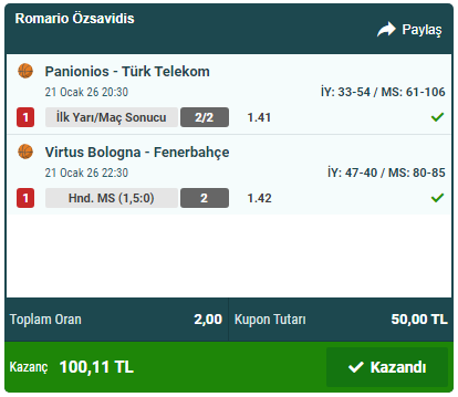 * <a href="/Nesinecom/">Nesine</a> takipçileri için hazırlamış olduğumuz EuroLeague / EuroCup Karma Kuponu ile kazandırmaya devam ettik. 🏀

** EuroCup 1/1 yorum isabeti.🎯(21.01.2026)

*** Oran : 2.00. Değerlendirenlere Teşekkürler.! ✅ 💯  🙂