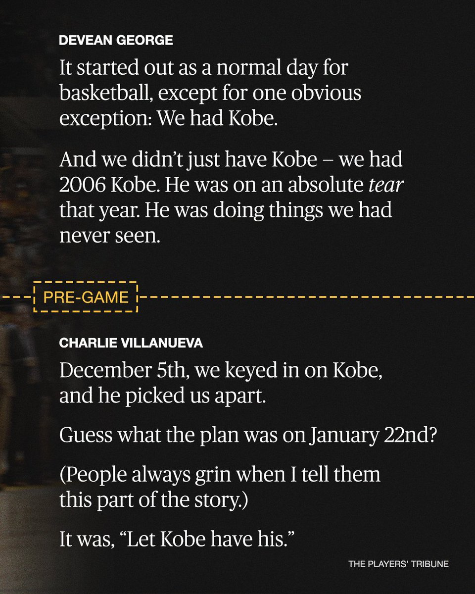 PlayersTribune's tweet image. 20 years ago today, Kobe Bryant scored 81 points against the Toronto Raptors. 

This is the story of that night as told by those who were on the court — his teammate, Devean George, and opponent, Charlie Villanueva.