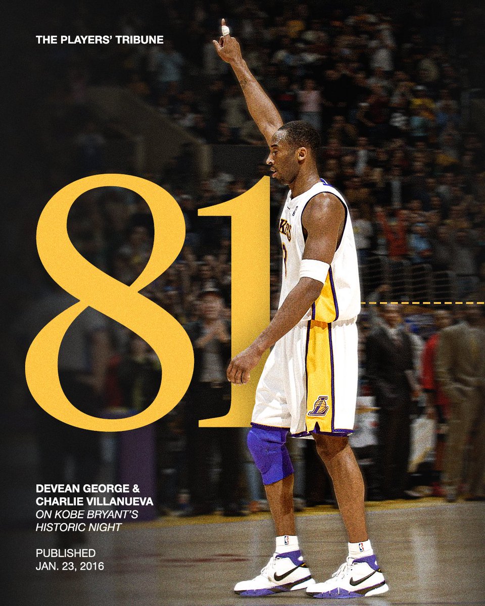 PlayersTribune's tweet image. 20 years ago today, Kobe Bryant scored 81 points against the Toronto Raptors. 

This is the story of that night as told by those who were on the court — his teammate, Devean George, and opponent, Charlie Villanueva.