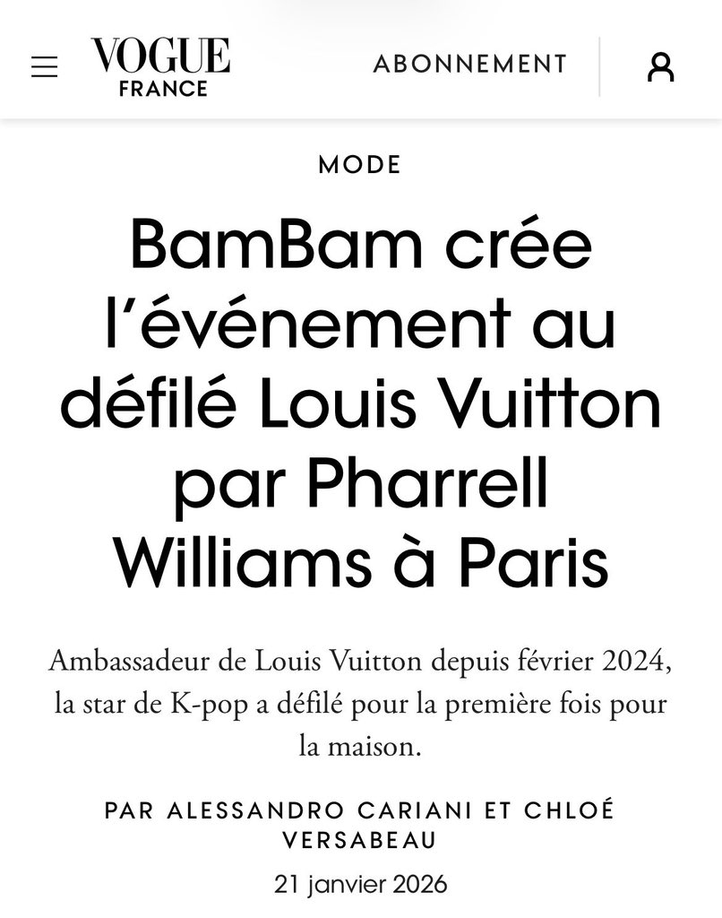 ArabBambam's tweet image. -مجله VOGE فرنسا
“بامبام يُشعل الحدث في عرض أزياء لويس فيتون من توقيع فاريل ويليامز في باريس.
سفير لويس فيتون منذ فبراير 2024، وقد شارك نجم الكيبوب في العرض للمرة الأولى لصالح الدار.”

#BamBamxLVMenFW26 #BamBam 
#LouisVuitton #LVMenFW26