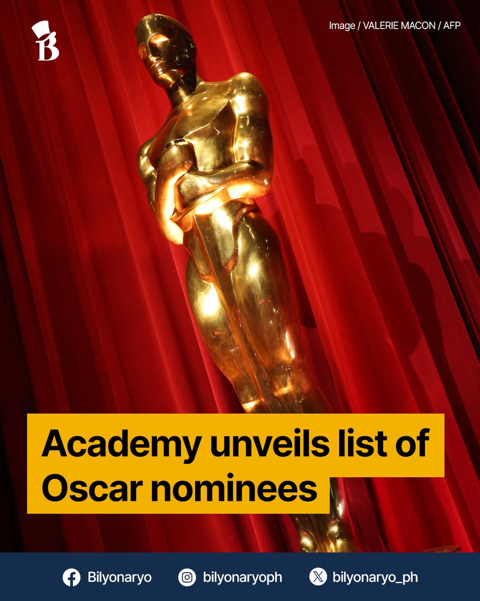 bilyonaryo_ph's tweet image. Awards season heats up with the release of this year’s Oscar nominees. #TheAcademy #Oscars 

READ HERE: bilyonaryo.com/2026/01/22/aca…