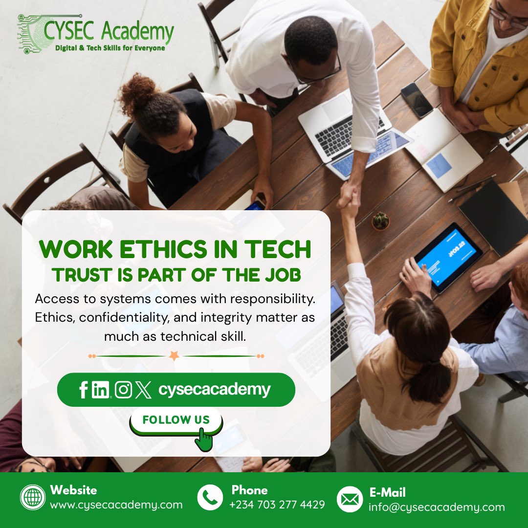 🚀 Work Ethics in Tech = Trust

In tech, trust isn’t optional—it’s part of the job. Protect data. Build reliable systems. Own your actions. Your integrity today shapes your career tomorrow.

💡 Lead with trust. Enroll at CYSEC Academy now.

📧 Info@cysecacademy.com