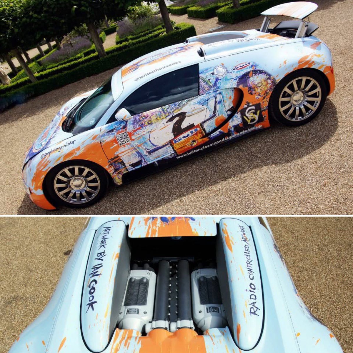 Popbangcolour's tweet image. The #Bugatti Veyron celebrates turning 20 years old this year, here’s a throwback to when the POPBANGCOLOUR BugARTi art car was created for the wilton house  supercar event back in 2012.

Wrapped in Gulf livery #Paintwithcars Le Mans artworks - who remembers it?

📸: @GFWilliams