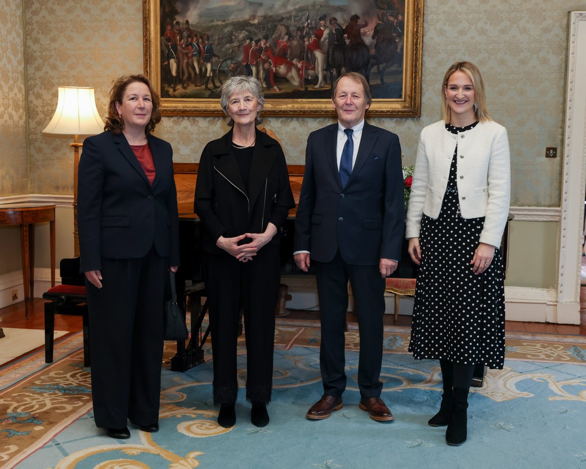 LUinDublin's tweet photo. At yesterday's New Year’s Reception for the diplomatic corps, Ambassador Florence Ensch had the privilege of meeting President Catherine Connolly, her husband Mr McEnery and Minister for Foreign Affairs Helen McEntee at Áras an Uachtaráin. https://t.co/wbWMXyPwNK