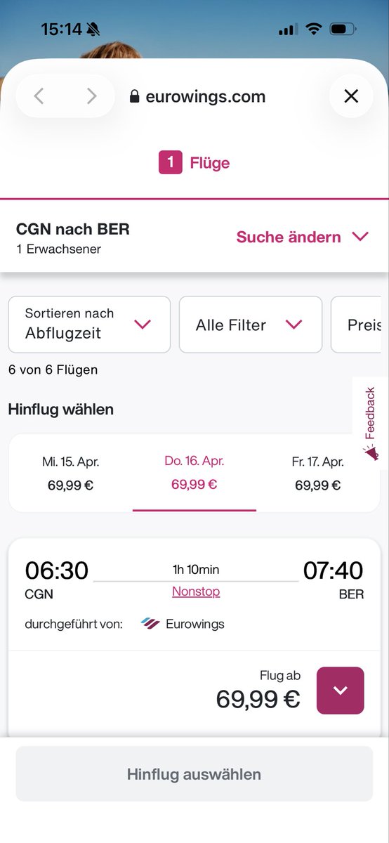 PHcgn84's tweet photo. Warum bekommt man bei Eurowings ab Köln keine Flug mehr unter 69€ nach Berlin, ab Düsseldorf aber ab 49€ ? Mies, wenn man in Köln wohnt https://t.co/2zPVLhjS2l
