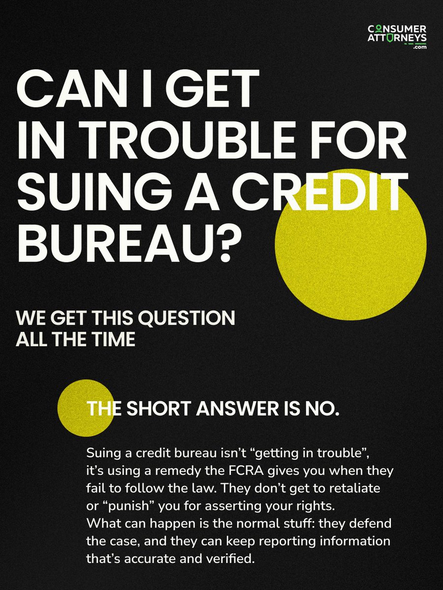 ConsumerFirm's tweet photo. The Fair Credit Reporting Act exists for one simple reason:
to stop consumer reporting agencies and furnishers from harming people through careless, inaccurate, or unlawful reporting.
Most violations arise under:
15 U.S.C. §1681e(b) — requiring consumer reporting agencies to follow reasonable procedures to ensure maximum possible accuracy
15 U.S.C. §1681i — requiring prompt and meaningful reinvestigation when consumers dispute errors

In many cases, responsibility also falls on data furnishers under:
15 U.S.C. §1681s-2(b) — for failing to properly investigate and correct disputed information
15 U.S.C. §1681b(b) — when background checks are used for employment purposes without proper compliance

When these duties are ignored, the harm is real: lost jobs, lost income, and damaged reputations. Holding companies accountable isn’t aggressive - it’s exactly what the law is designed to do.

If you’re worried about retaliation for asserting your rights, the FCRA addresses that concern as well. The law prohibits punishing consumers for disputing inaccurate information or exercising their legal protections.

Stay with us to learn more about your rights—because understanding them is the first step toward protecting yourself.

Not legal advice. Results vary.

#ConsumerRights end #CorporateWrongs

#SuingCreditBureaus #QandA @FCRA_1987