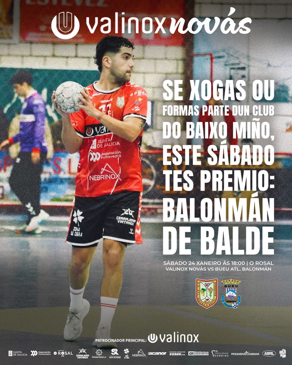 atleticonovas's tweet photo. ✨ Este sábado, se xogas ou formas parte dalgún club do Baixo Miño, podes gozar de balde do sólido líder da Primeira Nacional de balonmán

⏰ Sábado ás 18h
⚔️ Valinox Novás vs Bueu Atlético
📍 Pav. Javi Díaz O Rosal

Descarga o teu convite nesta ligazón 🔗
https://t.co/1EM9k7AgPB https://t.co/IrKFeoaQTQ