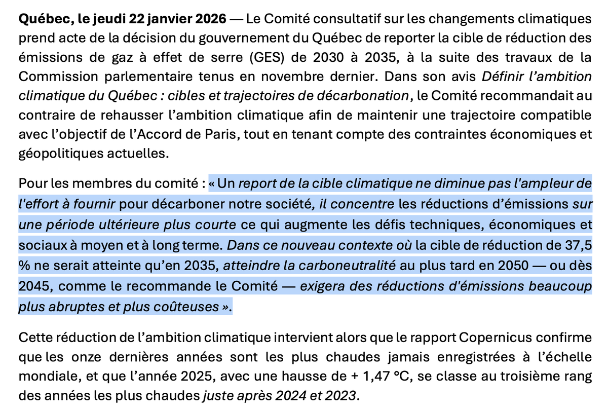 AShields_Devoir's tweet photo. Report de la cible climatique du Québec: le Comité consultatif sur les changements climatiques souligne que le report à 2035 «augmente les défis techniques, économiques et sociaux à moyen et à long terme» : https://t.co/xRf9EOdrOL