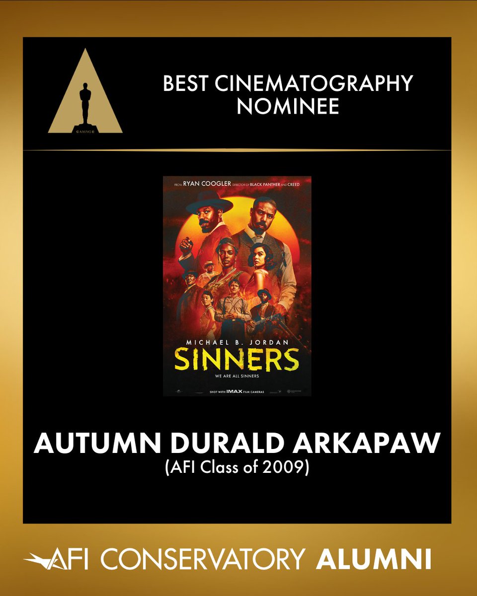 AFIConservatory's tweet image. Congratulations to Autumn Durald Arkapaw (AFI Class of 2009) on her historic #AcademyAward nomination for Best Cinematography for SINNERS. Arkapaw is the first woman of color nominated in that category. 👏👏👏 #oscarnoms #afialumni #aficonservatory #oscars